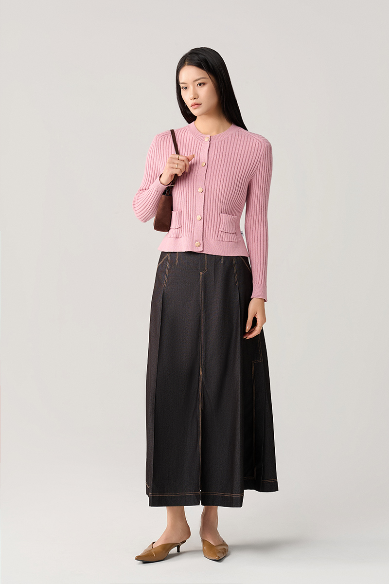 Áo khoác len cổ tròn túi ốp cách điệu