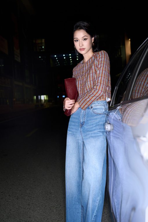 Áo khoác tweed kẻ nẹp cúc đôi