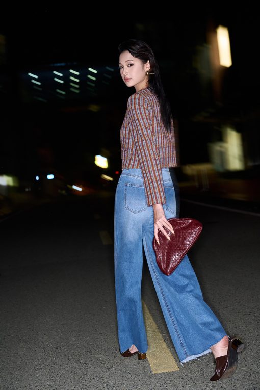 Áo khoác tweed kẻ nẹp cúc đôi