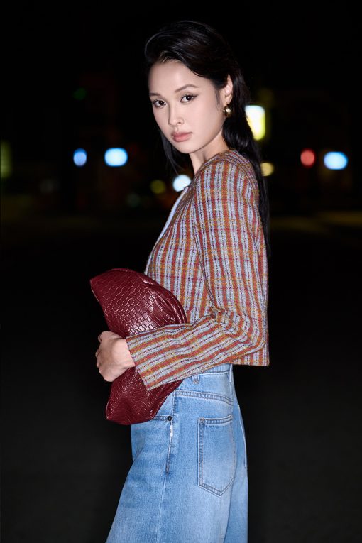 Áo khoác tweed kẻ nẹp cúc đôi