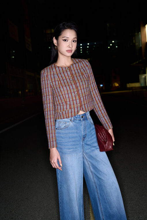 Áo khoác tweed kẻ nẹp cúc đôi