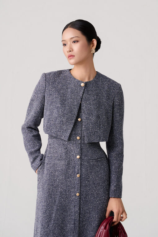 Áo khoác tweed lửng cổ cài cúc