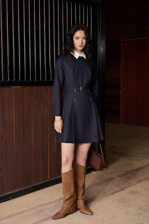 Đầm A cổ tròn tùng xếp ly đính cúc TT