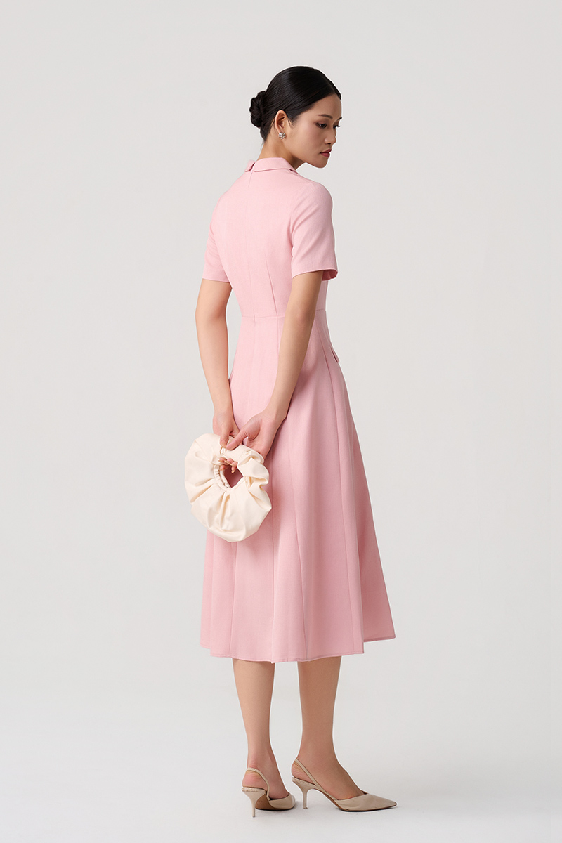 Đầm xoè lá cổ bẻ hình thoi nắp túi giả