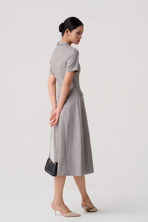 Đầm xoè lá cổ bẻ hình thoi nắp túi giả