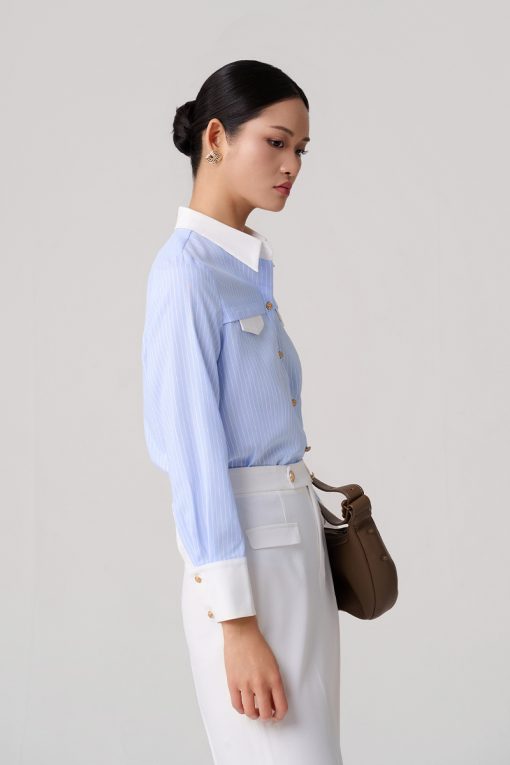 Sơ mi DT kẻ can phối nắp túi ngực