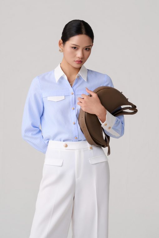 Sơ mi DT kẻ can phối nắp túi ngực