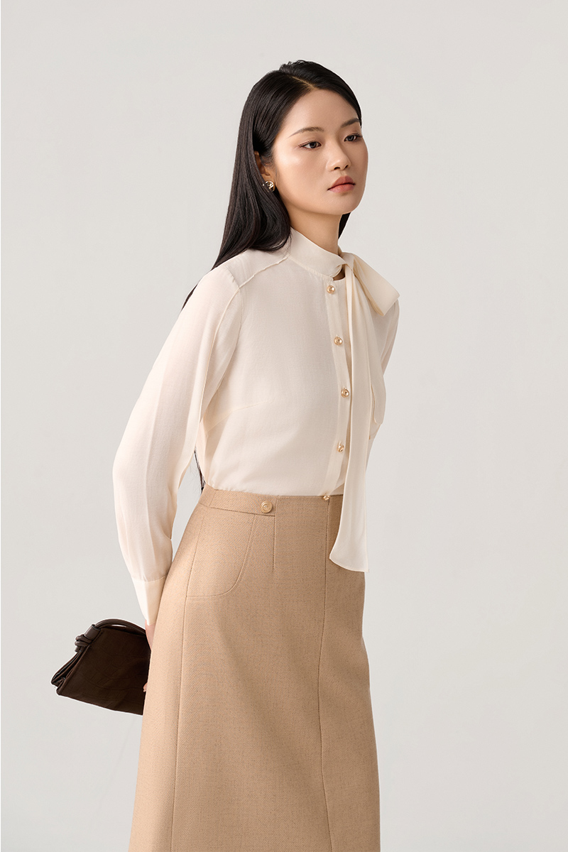 Sơ mi DT tay mí cổ buộc nơ