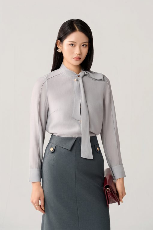 Sơ mi DT tay mí cổ buộc nơ