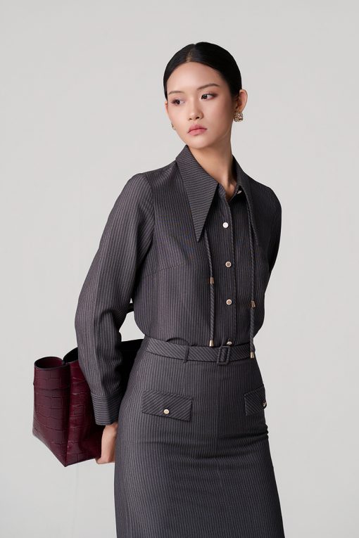 Sơ mi kẻ DT lá cổ nhọn kèm dây