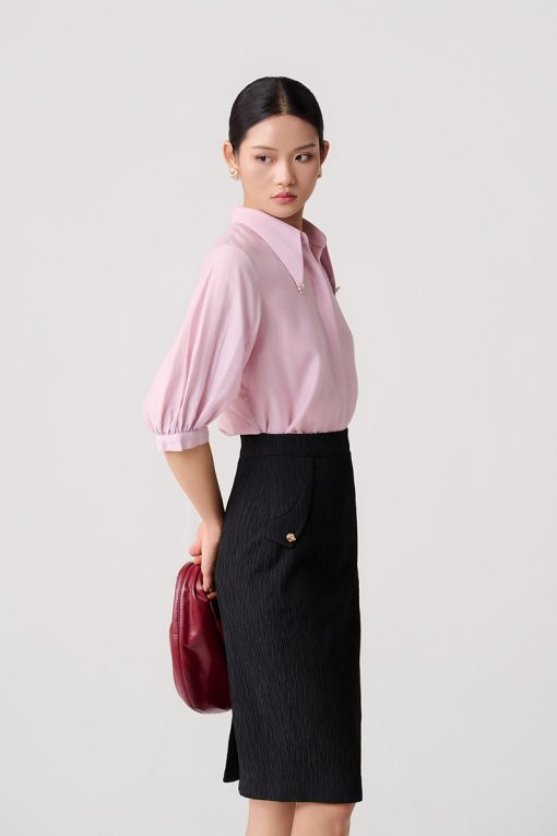 Sơ mi lỡ tay lá cổ nhọn đính cúc