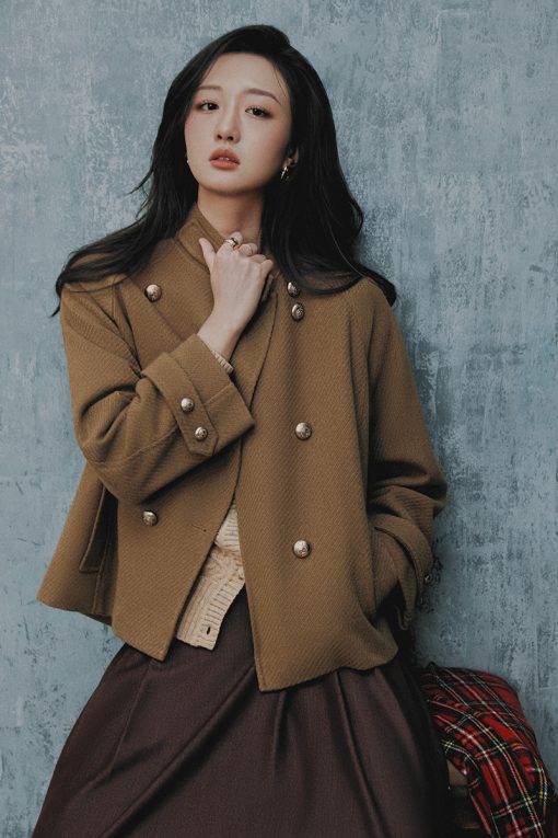 Áo khoác dạ dáng suông ngắn 2 hàng cúc