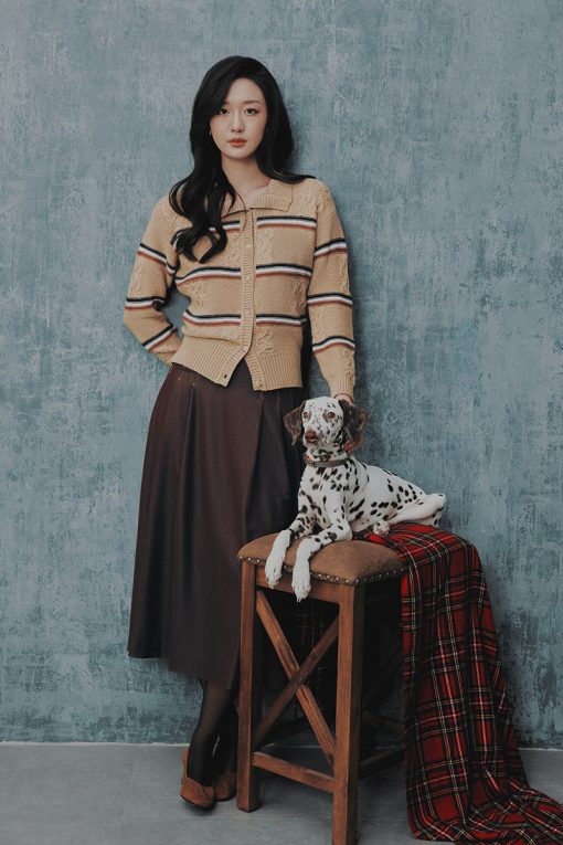 Áo khoác len vặn thừng dệt kẻ ngang