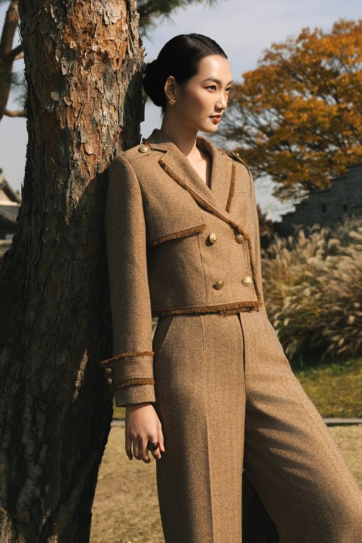 Áo khoác tweed cá vai, rút tua