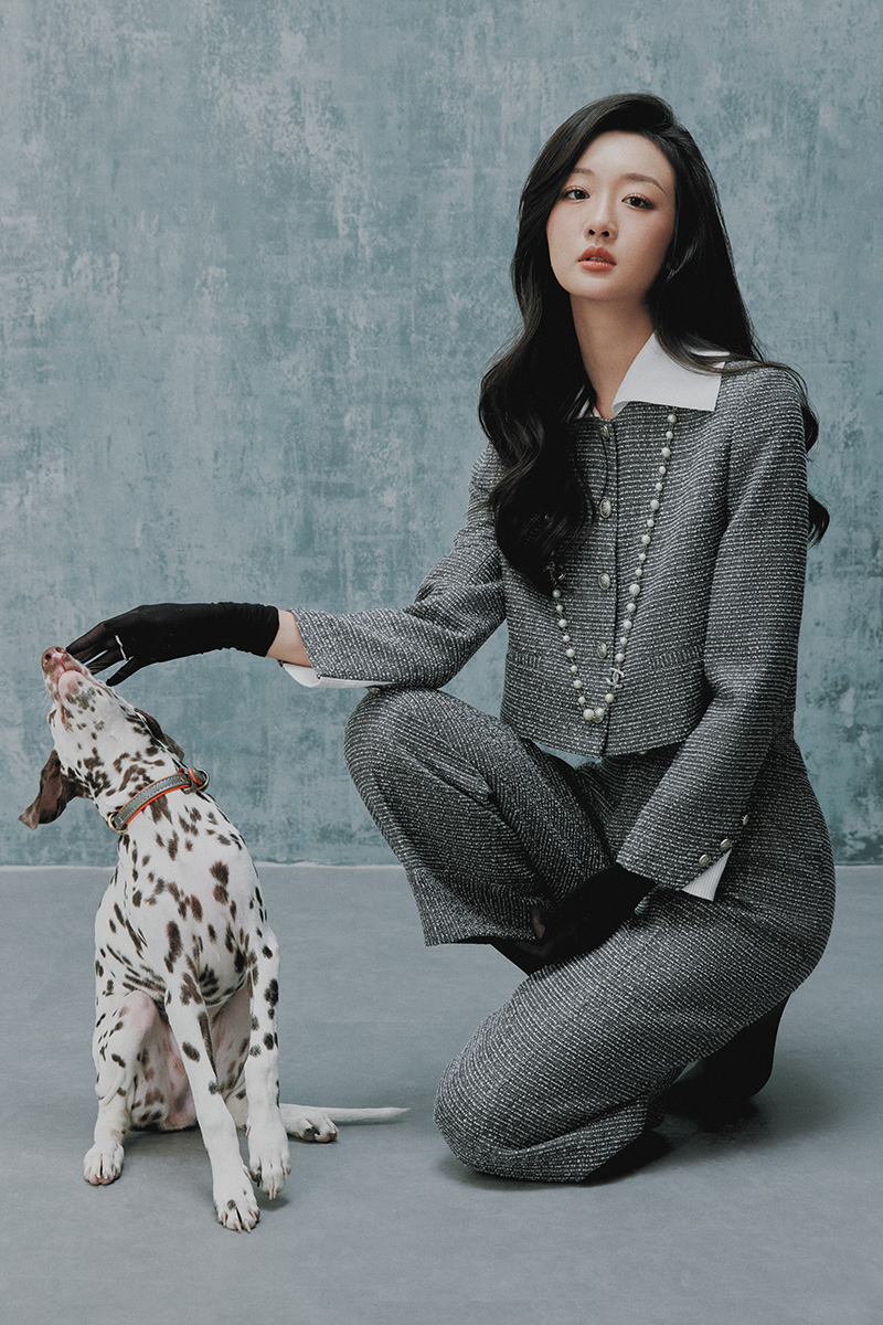 Áo khoác tweed croptop cổ, tay phối len