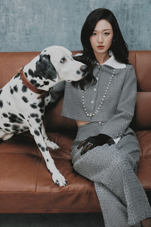 Áo khoác tweed croptop cổ, tay phối len