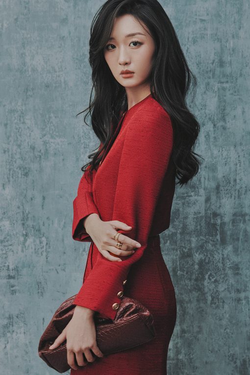 Áo khoác tweed croptop cổ tròn, nẹp chéo