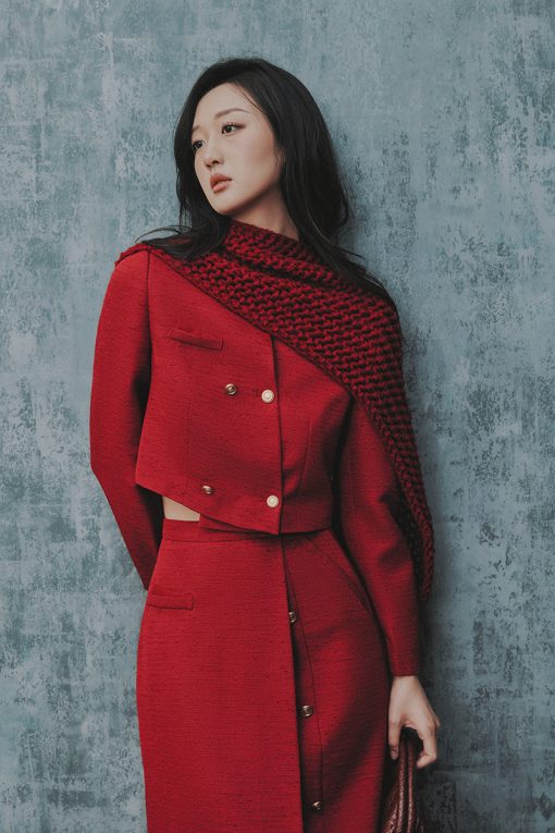 Áo khoác tweed croptop cổ tròn, nẹp chéo