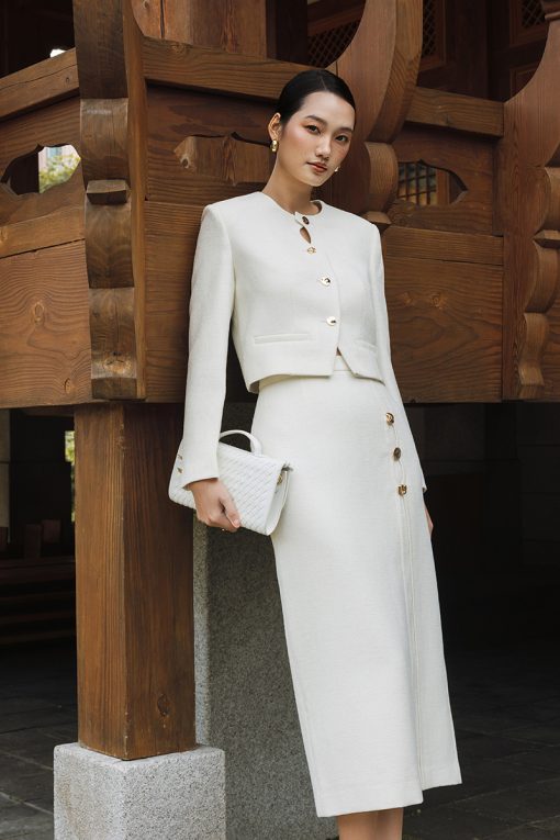 Chân váy tweed dáng dài can giả xẻ đính cúc