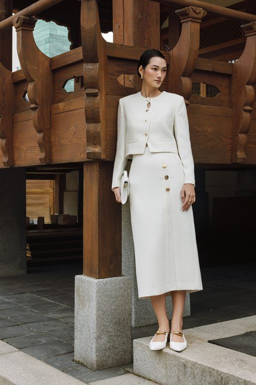 Chân váy tweed dáng dài can giả xẻ đính cúc