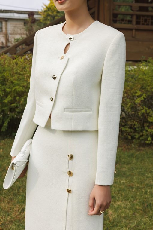 Áo khoác tweed croptop nẹp khuyết điệu