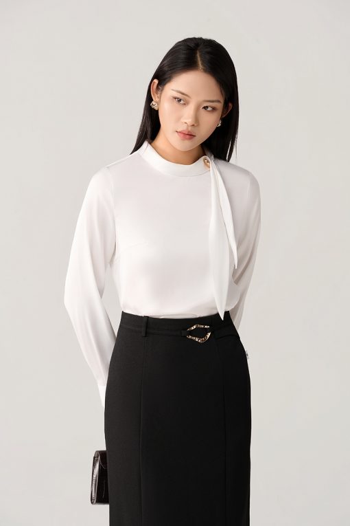 Sơ mi DT cổ nơ lệch, đính cúc