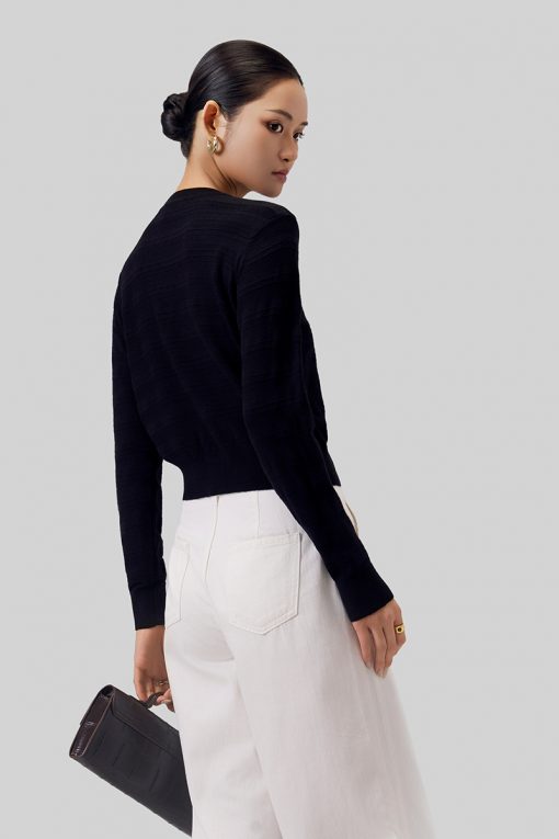 Áo Len DT cổ tròn nẹp giả dệt lỗ kẻ