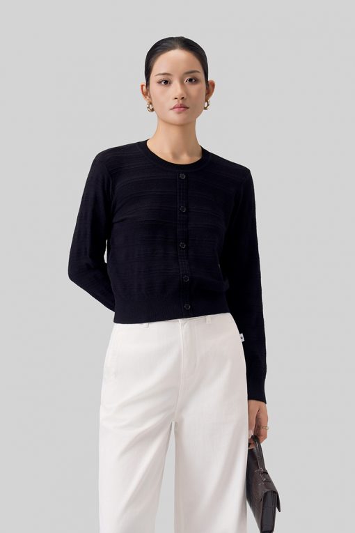 Áo Len DT cổ tròn nẹp giả dệt lỗ kẻ