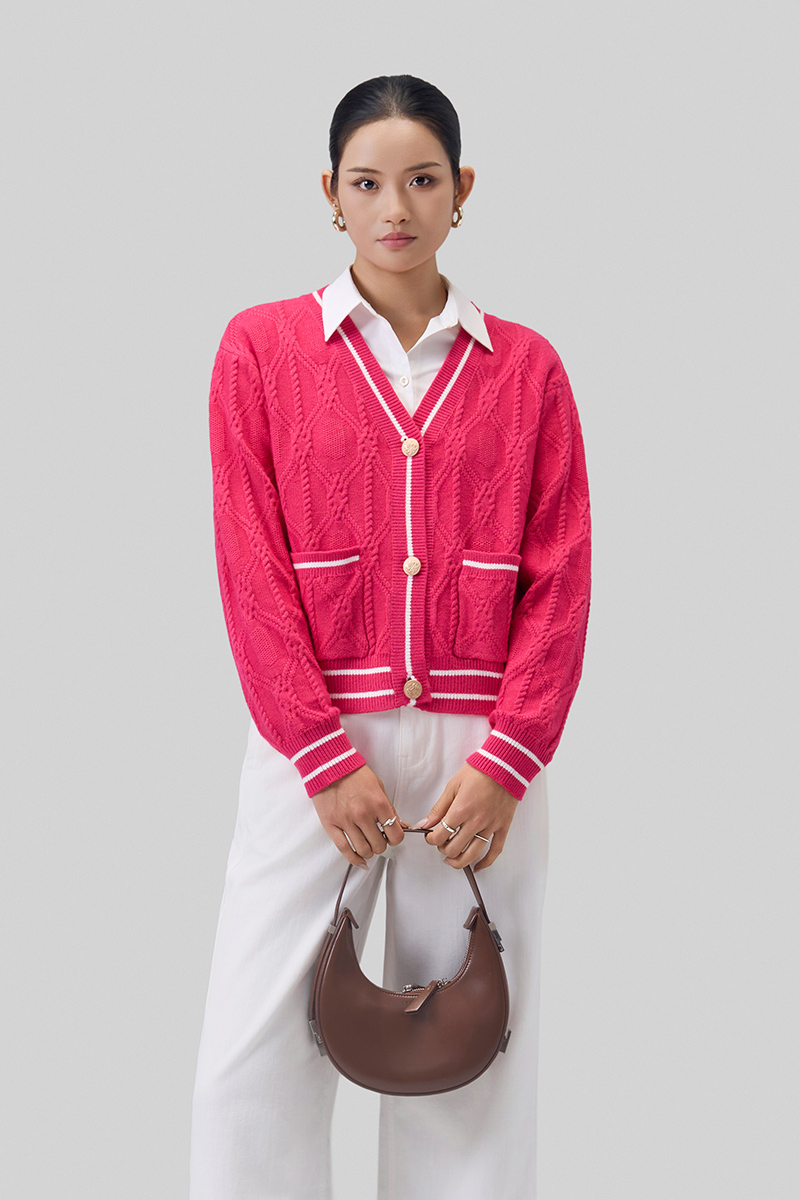 Áo khoác len túi ốp bo phối kẻ