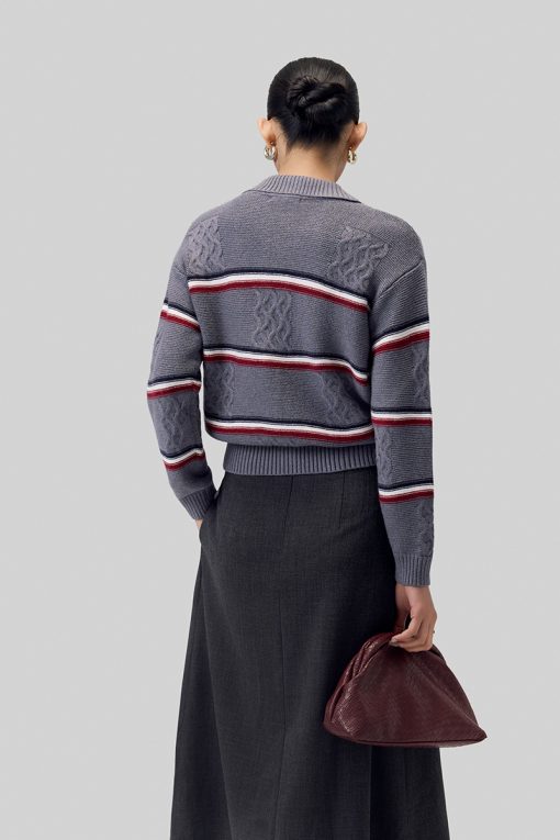 Áo khoác len vặn thừng dệt kẻ ngang