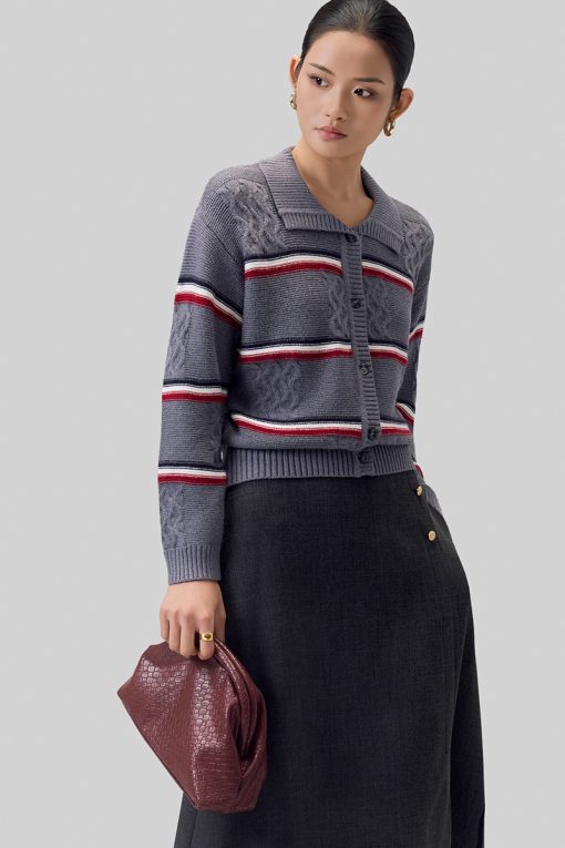 Áo khoác len vặn thừng dệt kẻ ngang