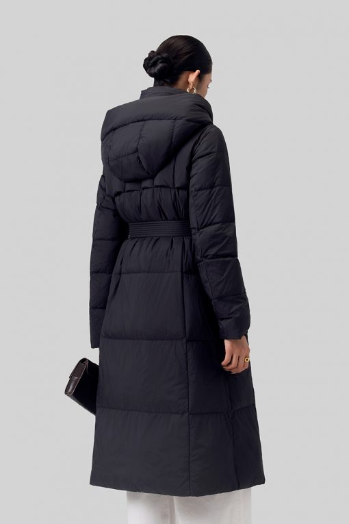 Áo khoác phao dáng dài dây kẹp cổ kèm đai eo