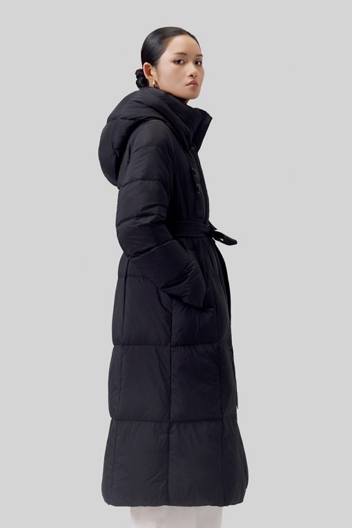 Áo khoác phao dáng dài dây kẹp cổ kèm đai eo