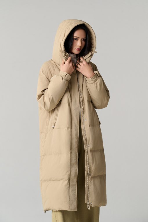 Áo khoác phao dáng dài miệng túi rút dây