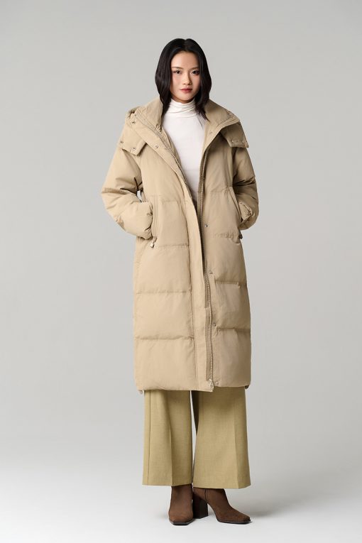 Áo khoác phao dáng dài miệng túi rút dây