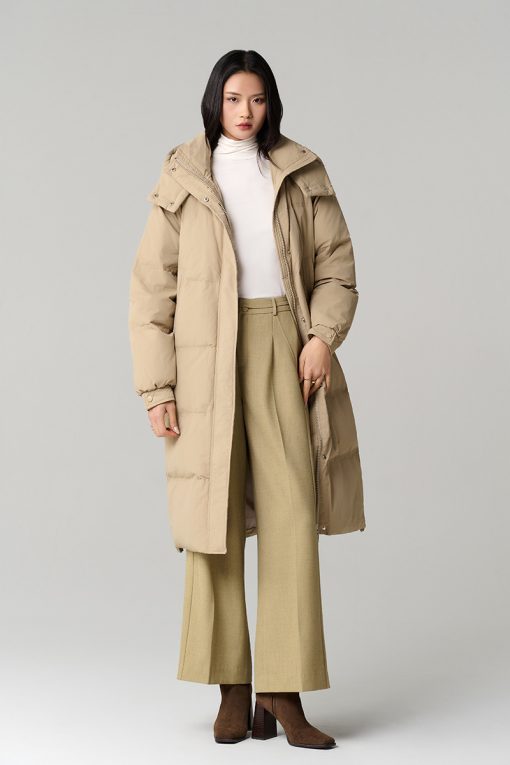 Áo khoác phao dáng dài miệng túi rút dây