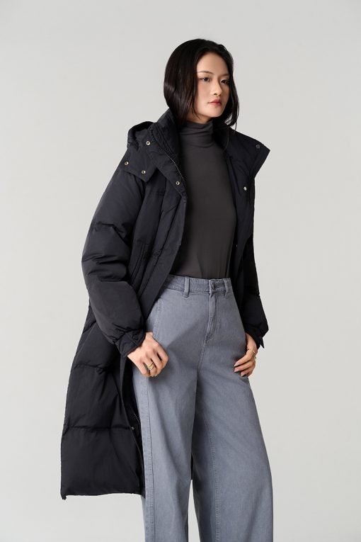 Áo khoác phao dáng dài miệng túi rút dây