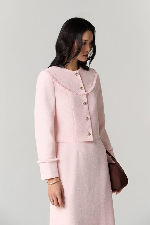 Áo khoác tweed croptop kẹp tua rua ngực