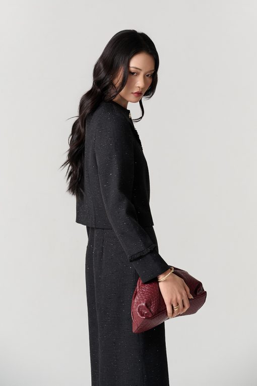 Áo khoác tweed croptop kẹp tua rua ngực