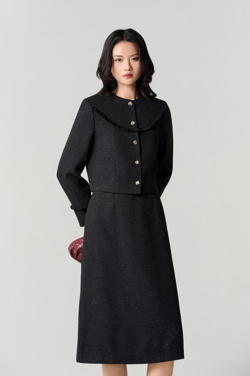 Áo khoác tweed croptop kẹp tua rua ngực