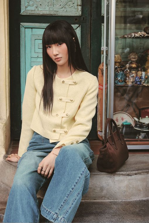 Áo khoác tweed croptop nẹp can cá đính cúc