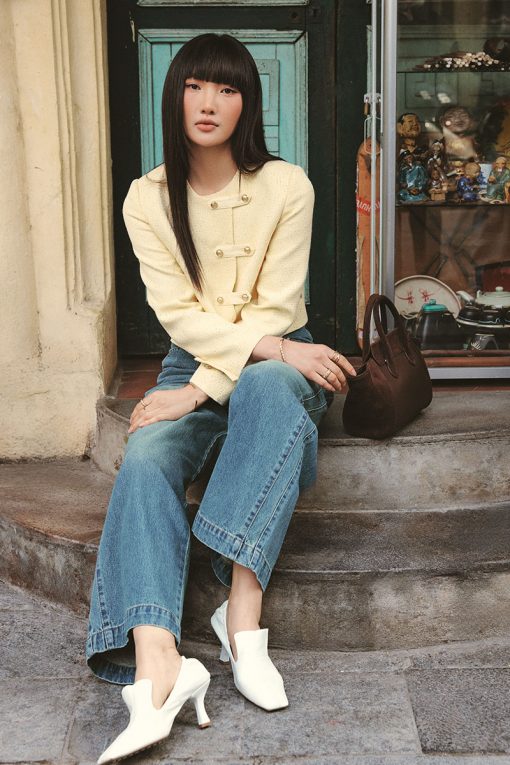 Áo khoác tweed croptop nẹp can cá đính cúc