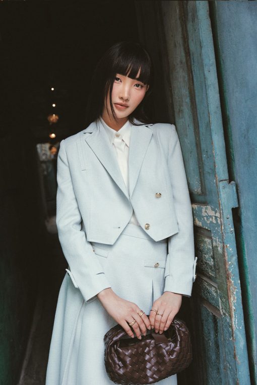 Áo khoác tweed croptop vạt chéo