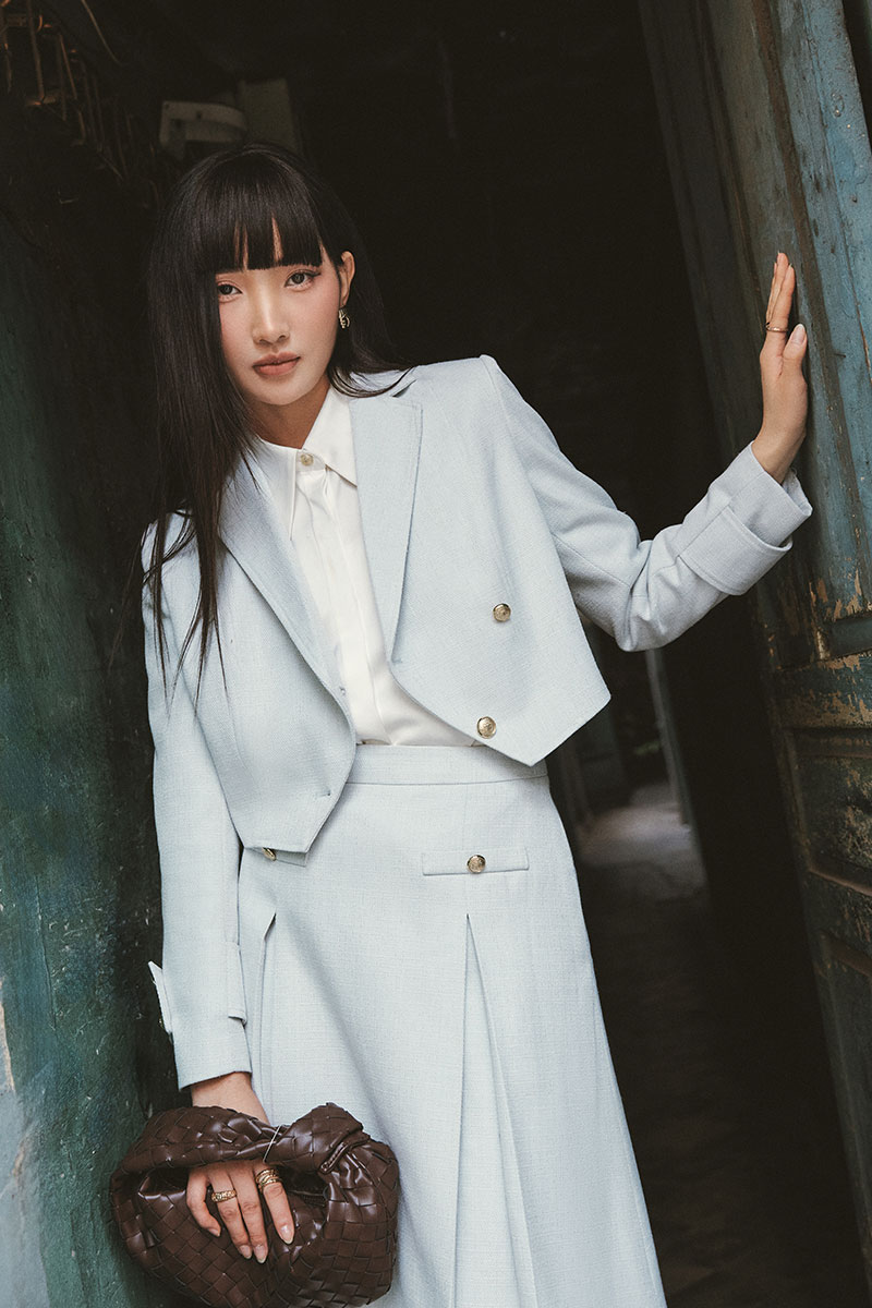 Áo khoác tweed croptop vạt chéo