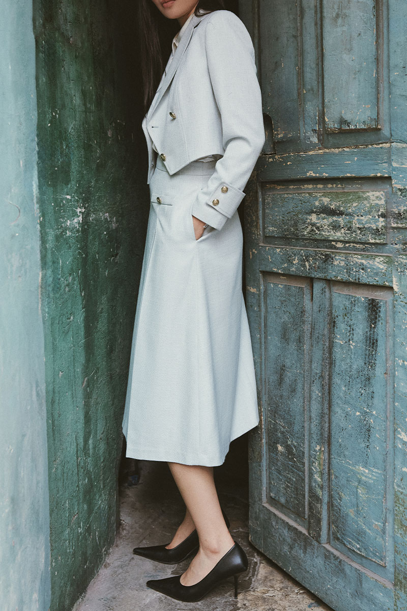 Chân váy tweed xoè lý súp cơi giả