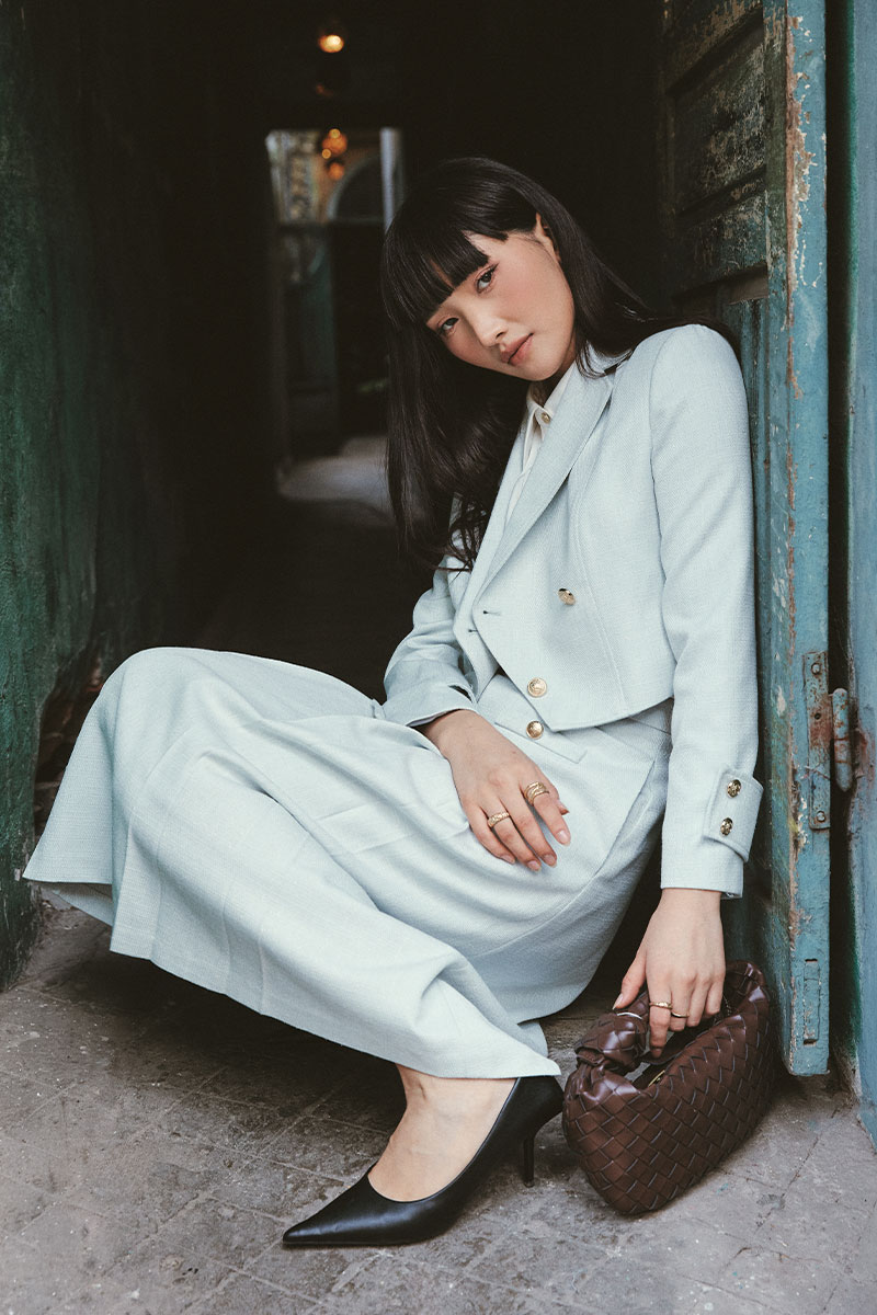 Áo khoác tweed croptop vạt chéo