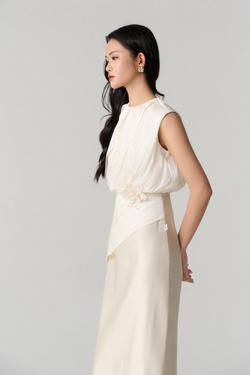 Đầm party phối tơ, xếp sóng cài hoa