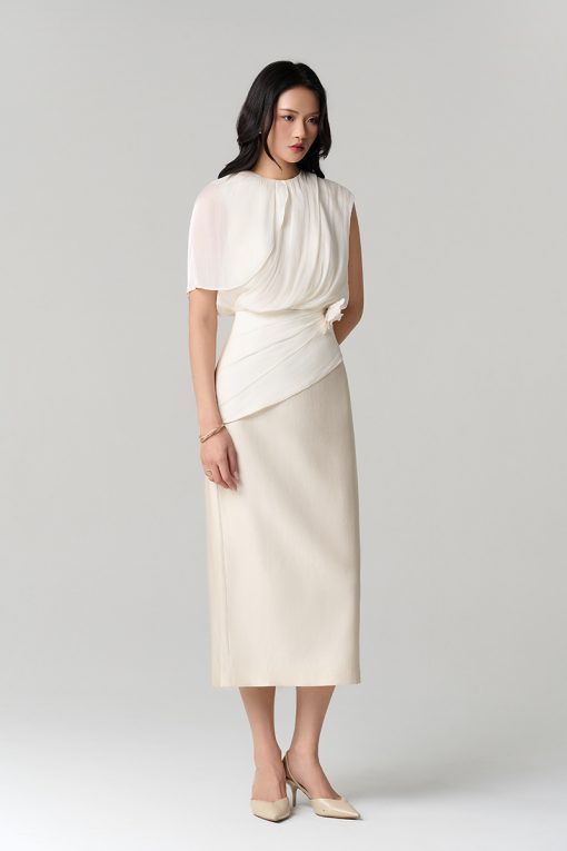 Đầm party phối tơ, xếp sóng cài hoa