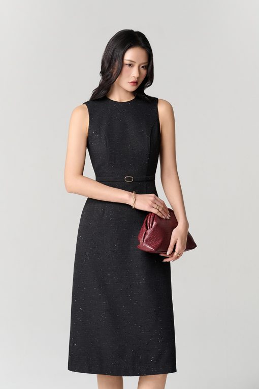 Đầm tweed A dài SN đai eo kẹp sườn