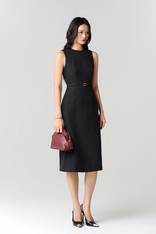 Đầm tweed A dài SN đai eo kẹp sườn